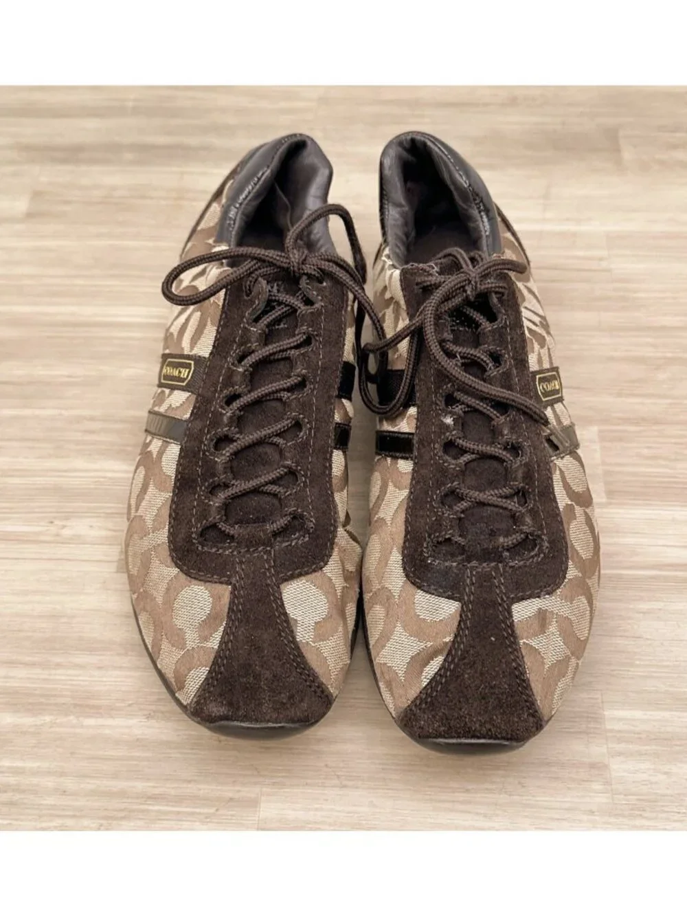 Coach Kathleen Q511 W 9.5M Signature Brown Khaki Jacquard Suede Sneakers Y2K